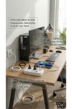 2500W Çoklu Priz 2 METRE – 3’lü AC Priz +5 USB Çıkışı AKIM KORUMALI Alev Almayan Gövde, - Görsel 2