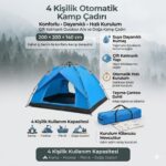 BUFFER® 4 Kişilik Otomatik Kamp Çadırı – Çift Katmanlı, Suya Dayanıklı, Hızlı Kurulum Outdoor Aile ve Doğa Çadırı 200x200x140 cm - Görsel 4
