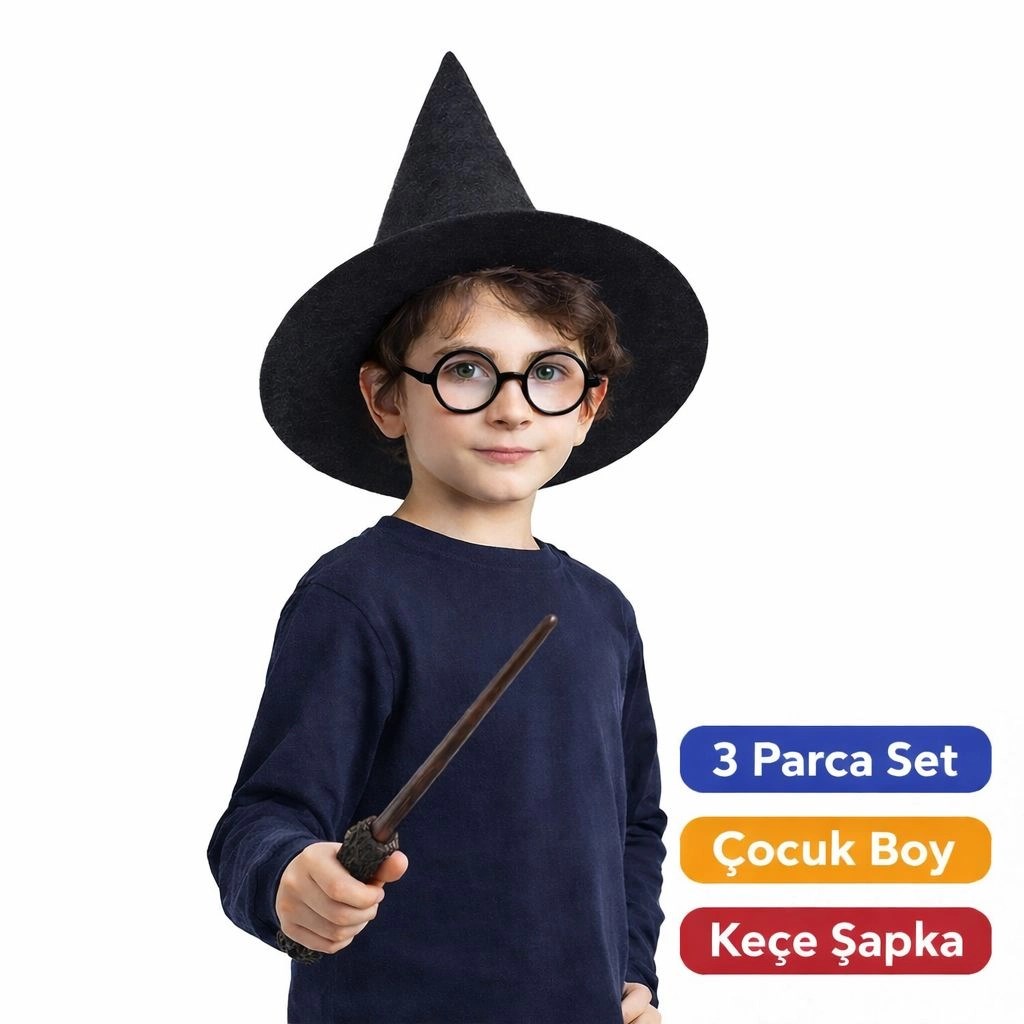 Mey İthalat® Harry Potter Tarzı Çocuk Seti (Siyah Keçe Şapka