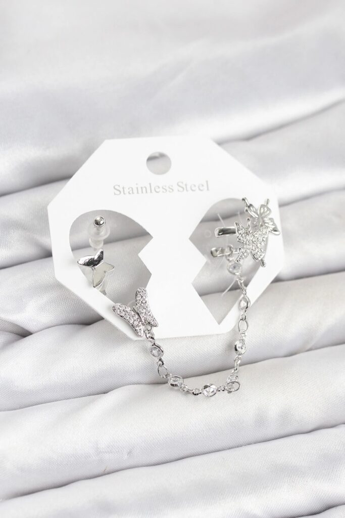 Mey İthalat® Pirinç Gümüş Renk Kelebek Model Zincir Bağlantılı Ear Cuff Küpe Seti