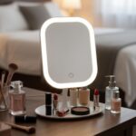 BUFFER® Dokunmatik LED Işıklı Kare Makyaj Aynası – Altı Organizer Kaseli, Ayarlanabilir Aydınlatmalı Masaüstü Makyaj ve Cilt Bakım Aynası - Görsel 5