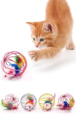 BUFFER® Renkli Metal Kafesli Peluş Fareli Kedi Köpek Oyuncağı Oyun Topu 6 cm - Görsel 8