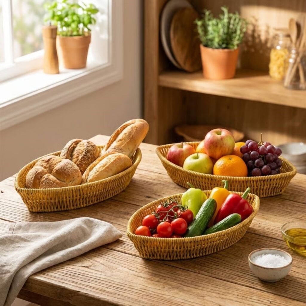BUFFER® 3’lü Kayık Formlu Plastik Rattan Sepet Seti–Hasır Görünümlü Ekmek