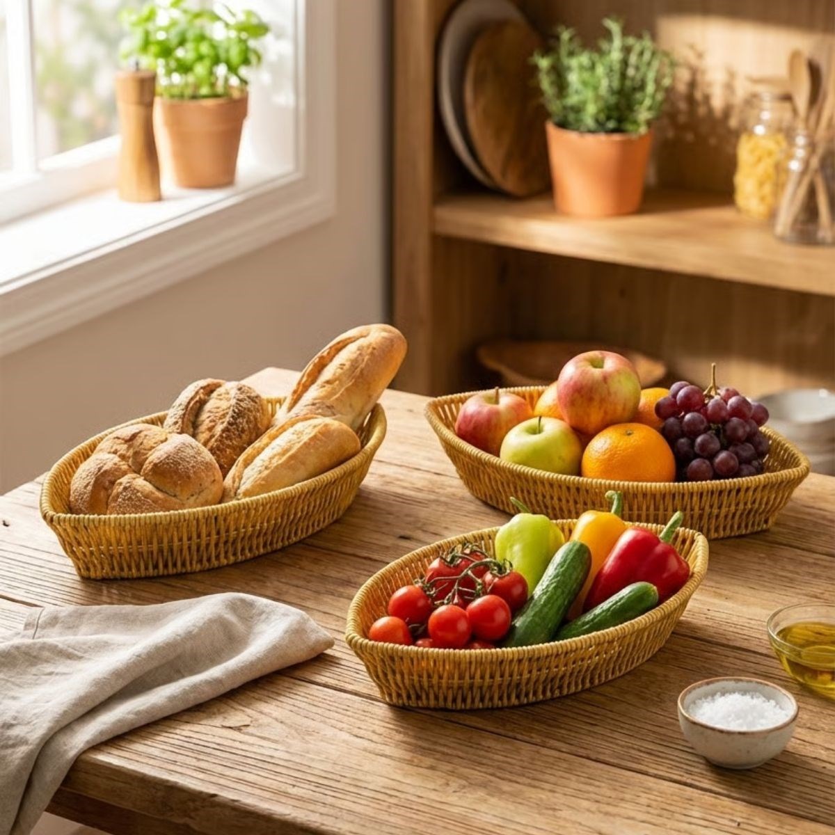 BUFFER® 3’lü Kayık Formlu Plastik Rattan Sepet Seti–Hasır Görünümlü Ekmek BUFFER® 3’lü Kayık Formlu Plastik Rattan Sepet Seti–Hasır Görünümlü Ekmek