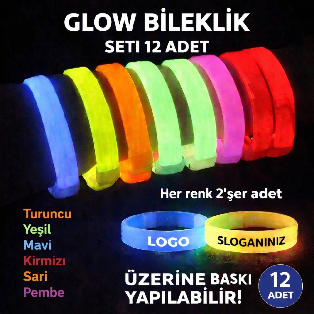 Mey İthalat® Glow Kalın Bileklik 12’li Set | Baskıya Uygun Renkli Model