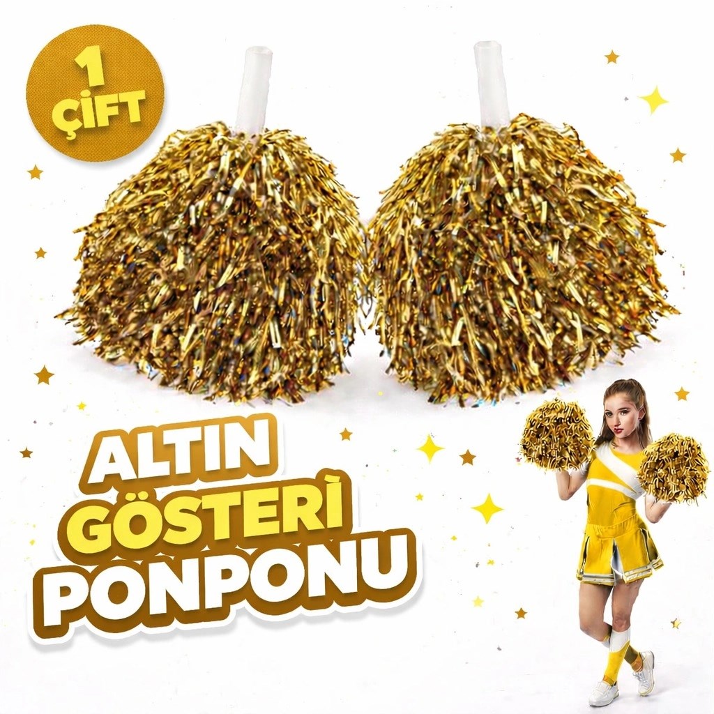 Mey İthalat® 1 Çift ( 2 Adet ) Altın Renk 23 Nisan 19 Mayıs 29 Ekim Okul Gösteri Ponponları Ekstra Dolgun