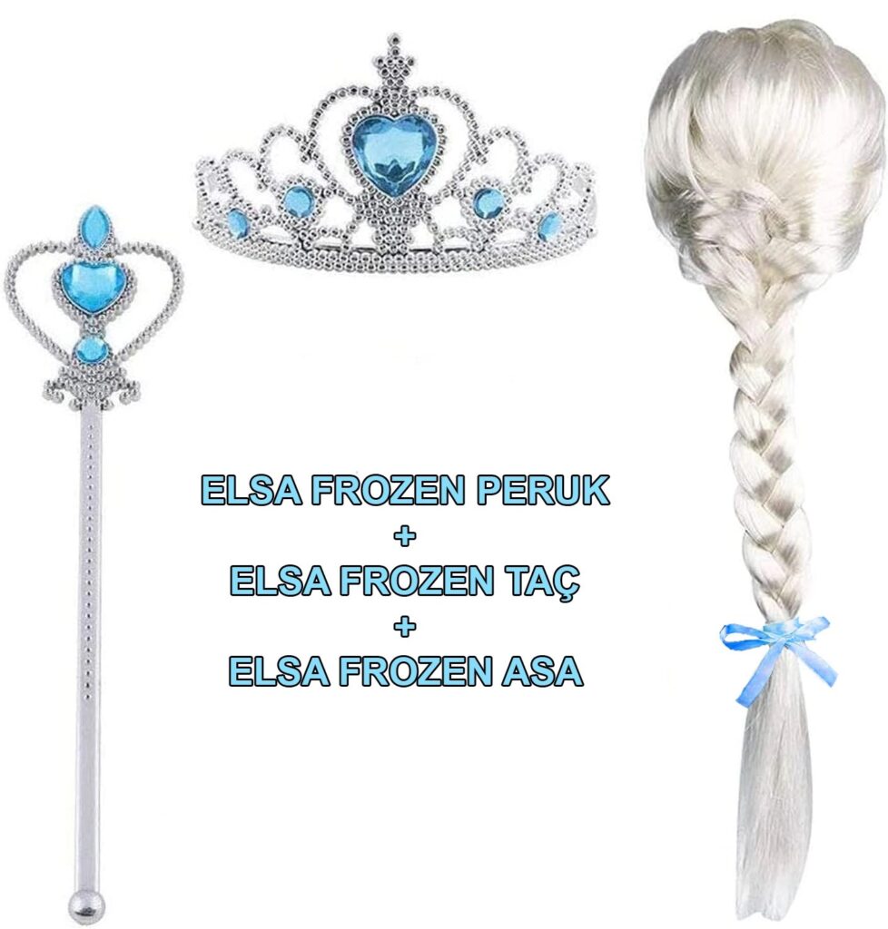 Mey İthalat® Örgülü Karlar Ülkesi Frozen Elsa Peruğu Tacı ve Sopası Çocuk Boy