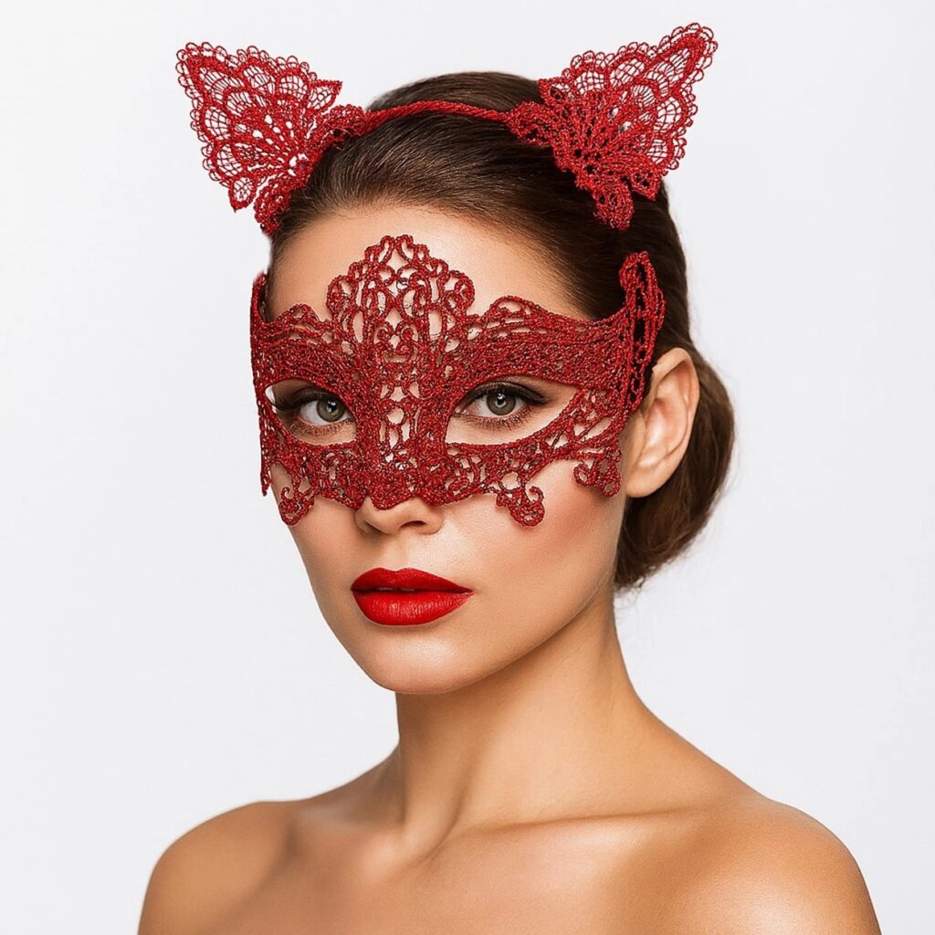 Mey İthalat® Romantik Kırmızı Dantel Maske Seti – Kedi Kulaklı Taç ve Maske 3 No