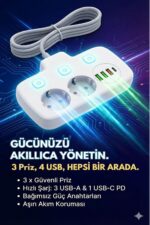 Akım Korumalı 2500W Güçlü 3 USB + Type-C Portlu Çoklu Priz | Hızlı Şarj, Çocuk Kilidi, 2 METRE - Görsel 4