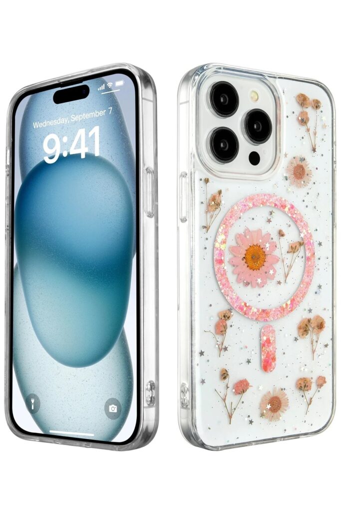 Mey İthalat®  iPhone 15 Pro Kılıf Daisy Simli Magsafe Kapak - Pembe