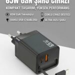 65W Süper Hızlı Şarj Cihazı | Dahili Type-C Kablo | USB-C & USB-A Çıkış | Çoklu Cihaz Desteği