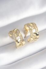 Mey İthalat® Pirinç Gold Renk Zirkon Taş Detay Zincir Model Kadın Küpe