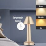 BUFFER® Çatı Model Gold Renk Şarjlı Dokunmatik 3 Renkli LED Masa Lambası - Görsel 2