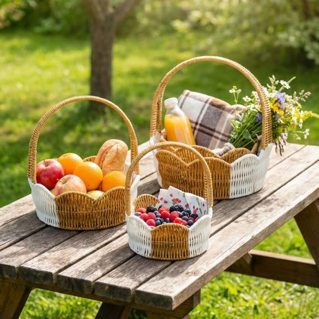 BUFFER® İç İçe Geçebilen 3’lü Çift Renkli Yuvarlak Dalgalı Formlu Saplı Plastik Rattan Sepet Seti – Hasır Görünümlü Çok Amaçlı Organizerler
