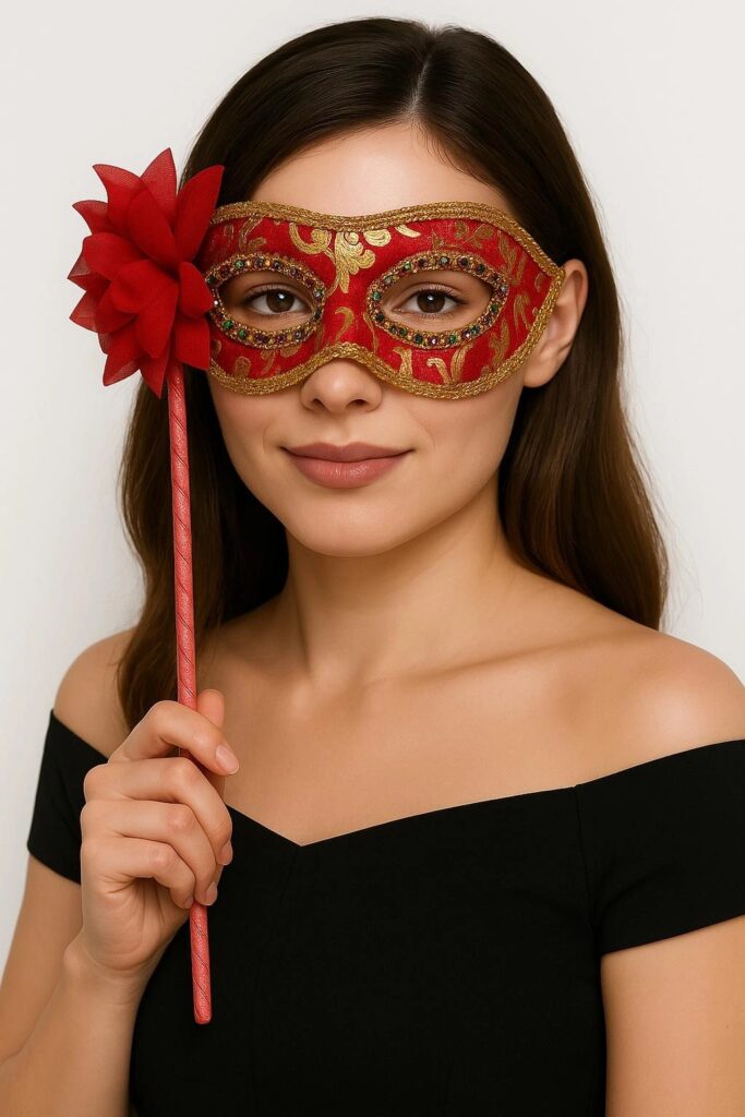 Mey İthalat® Lüks Taşlı Saplı Maskeli Balo Maskesi Kırmızı Renk 35 cm