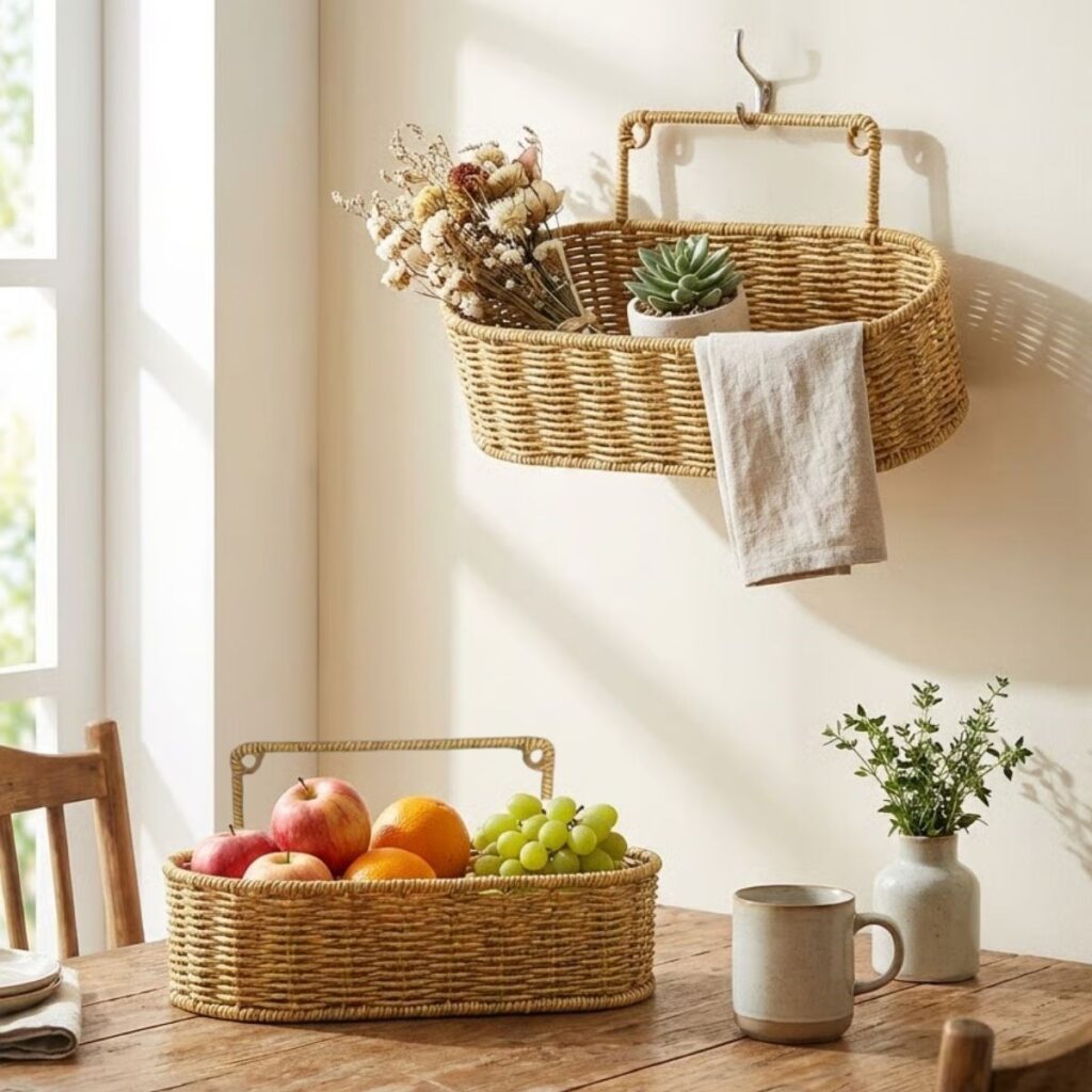 BUFFER® 2’li Duvar Askılı Plastik Rattan Organizer – Oval Hasır Görünümlü Mutfak Raf Sepeti