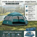 BUFFER® 4 Kişilik Otomatik Kamp Çadırı – Altıgen Tasarım, Çift Kapılı, Suya Dayanıklı, Hızlı Kurulumlu Geniş Aile Outdoor Çadırı 240x240x160 cm - Görsel 5