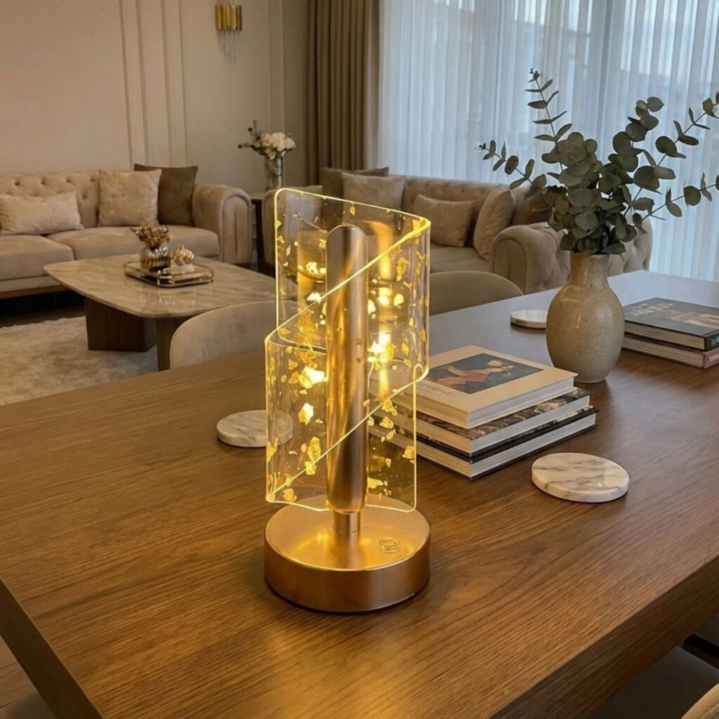 BUFFER® Çapraz Kavisli Kristal Altın Toz Model LED Masa Lambası – Gold Gövdeli