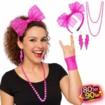 Mey İthalat® 80’ler 90’lar Neon Pembe Parti Seti – Kolye Küpe Taç - Görsel 2