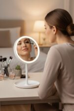 BUFFER® LED Işıklı Yuvarlak Makyaj Aynası – Dokunmatik Ayarlanabilir Işık Tonlu, 360° Döner Masaüstü Profesyonel Makyaj ve Cilt Bakım Aynası - Görsel 7