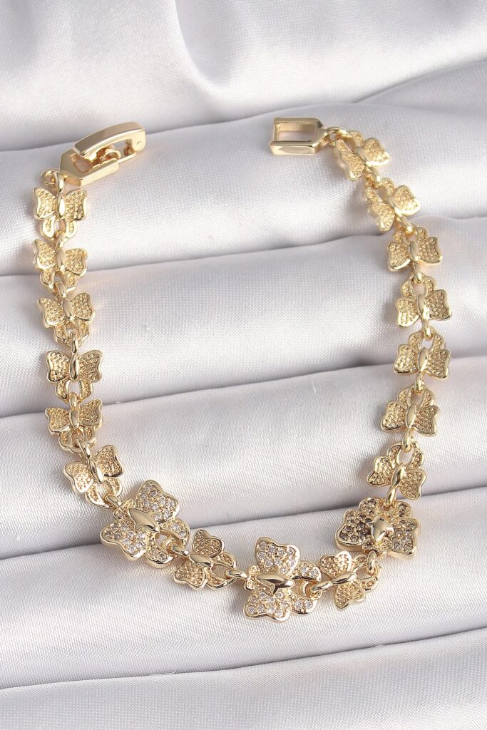 Mey İthalat® Pirinç Gold Renk Zirkon Taşlı Kelebek Model Zincir Kadın Bileklik