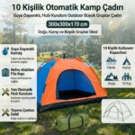 BUFFER® 10 Kişilik Otomatik Kurulum Kamp Çadırı – Outdoor , Suya Dayanıklı Hızlı Kurulum Piknik ve Doğa İçin Geniş Aile Çadırı 300x300x170 cm - Görsel 4