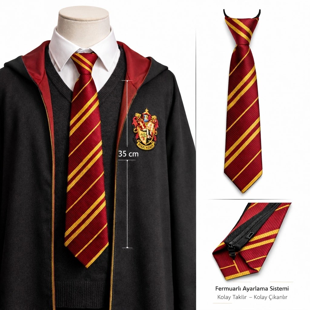 Mey İthalat® Harry Potter Gryffindor Fermuarlı Ayarlanabilir Kravat