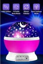 Ay ve Yıldızlı Gökyüzü Yansıtmalı Dönen Projeksiyon Gece Lambası- Çocuk Bebek Odası Pembe - Görsel 4