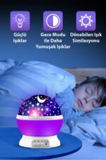 Ay Ve Yıldızlı Gökyüzü Yansıtmalı Dönen Projeksiyon Gece Lambası- Çocuk Bebek Odası Mor - Görsel 4