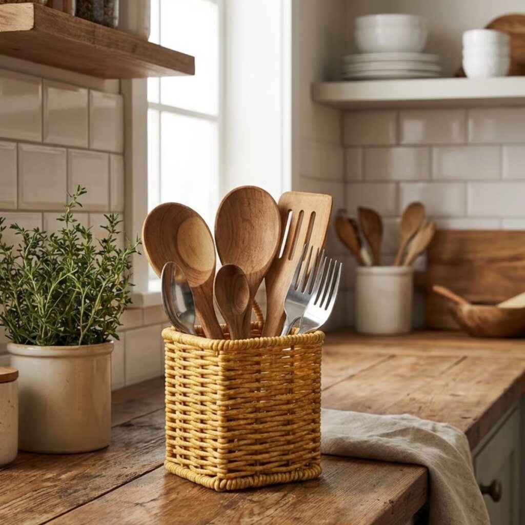 BUFFER® Kare Hasır Dokulu Plastik Rattan Kaşıklık & Çatallık – Askılı Kendiliğinden Tutmalı Çok Amaçlı Mutfak Organizeri