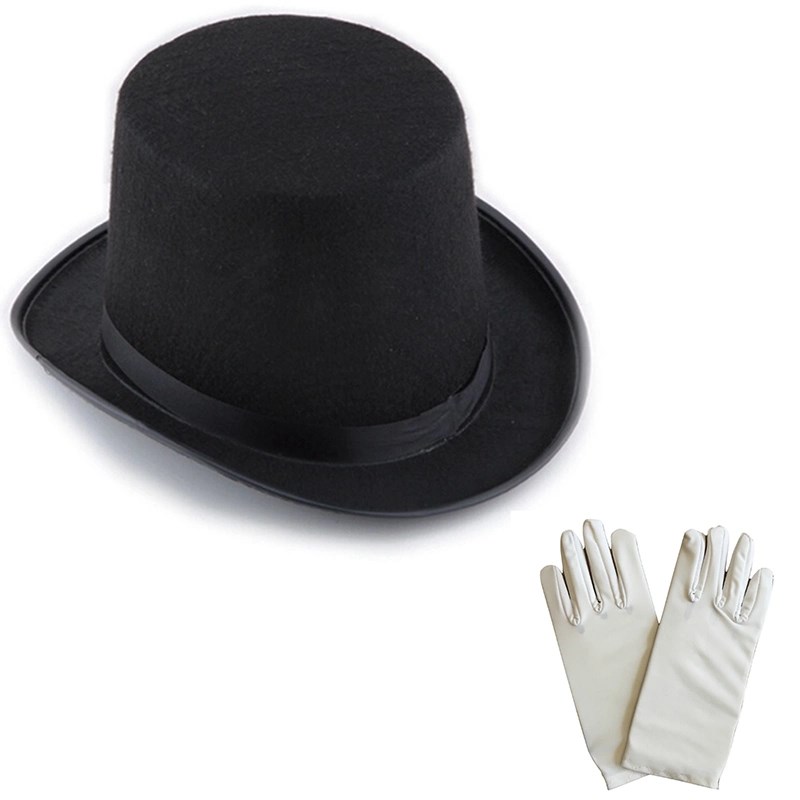 Mey İthalat® Siyah Sihirbaz Fötr Şapka 15 cm - 1 Çift Beyaz Sihirbaz Eldiveni - Yetişkin Boy