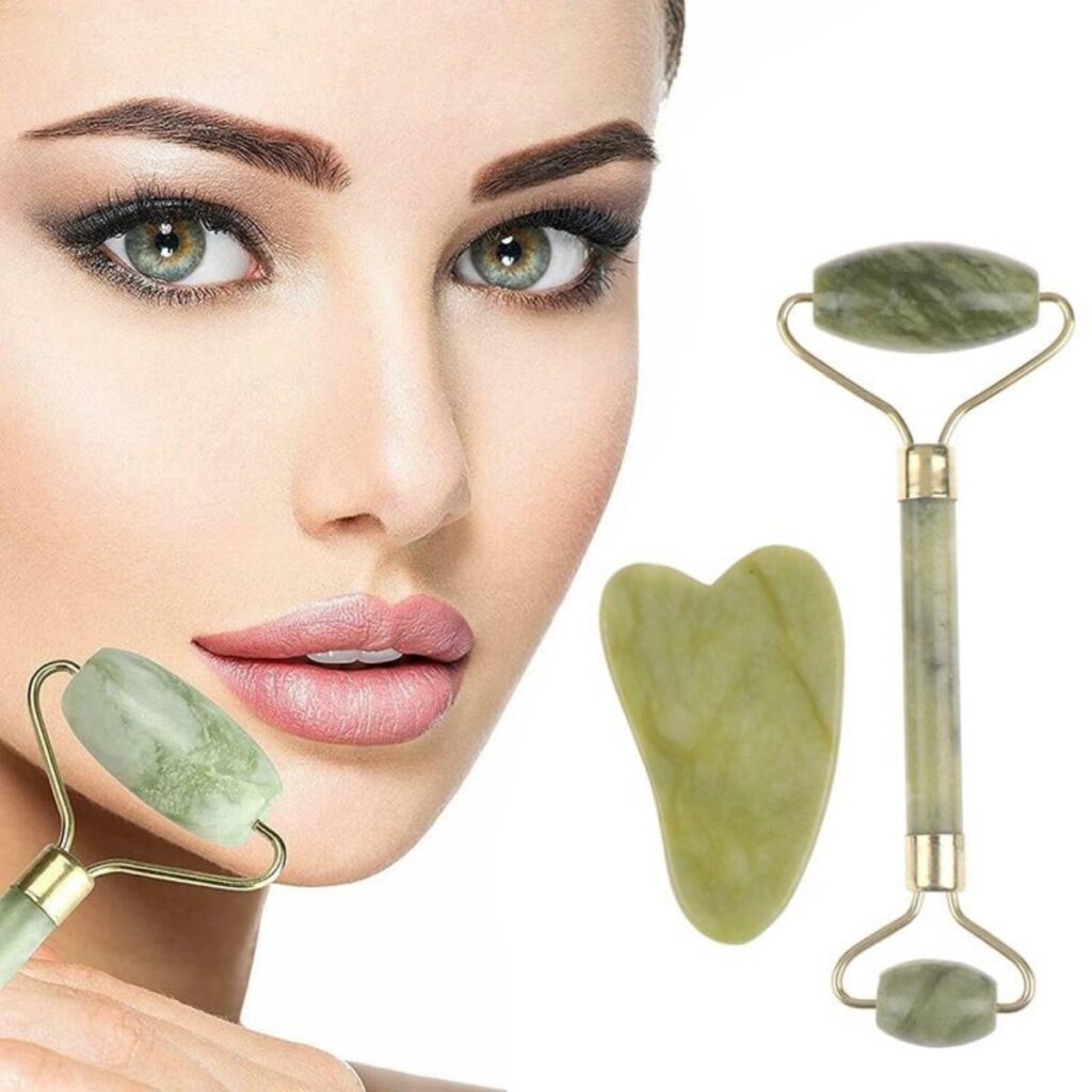 BUFFER® Çift Taraflı 2li Cilt Yüz Masaj Aleti Jade Roller Yeşim  Taşı Seti