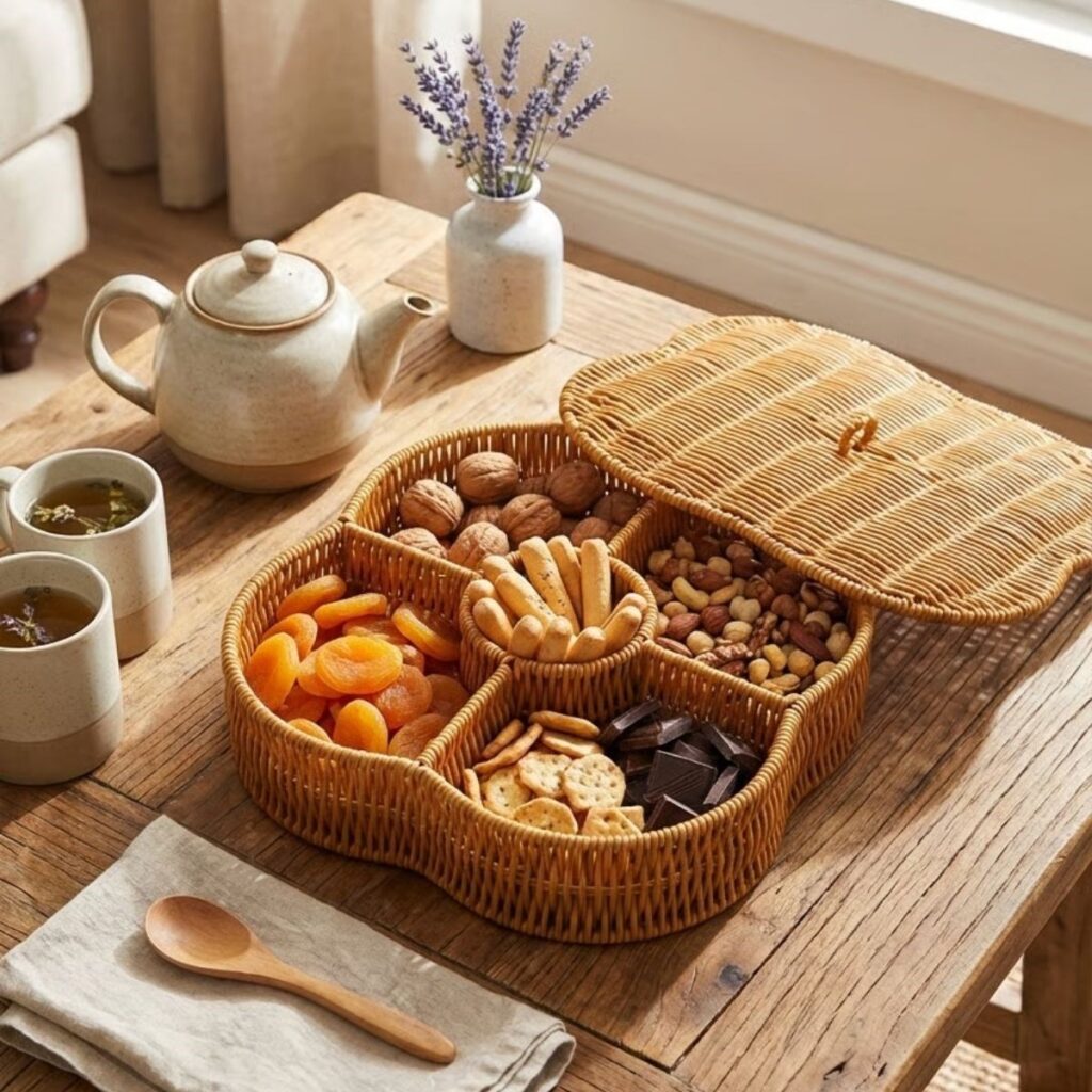 BUFFER® Kapaklı 5 Bölmeli Plastik Rattan Organizer Kutu – Hasır Desenli Çok Amaçlı Saklama ve Sunum Sepeti Çerezlik
