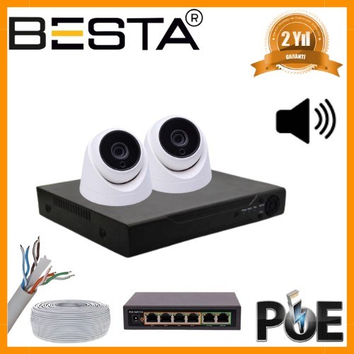 5 MP 1440P 2 İÇ MEKAN KAMERALI DAHİLİ MİKROFONLU IP POE Güvenlik Seti