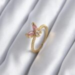 Mey İthalat® Gold Renk Pembe Zirkon Taşlı Kelebek Model Kadın Yüzük