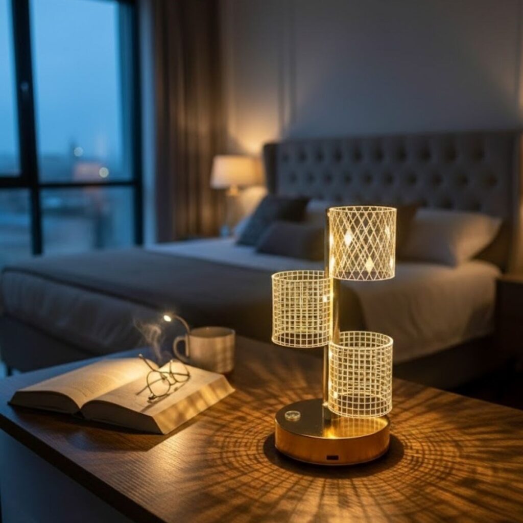BUFFER® 3 Parça Silindirik Kristal Ekose Kareli LED Masa Lambası – Gold Gövdeli