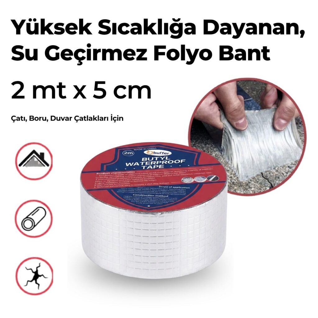 BUFFER® 2 Mt Yüksek Sıcaklık Dayanan Su Geçirmez Çatı  Duvar Çatlak Onarıcı Yapışkan Bant Folyo 5 Cm