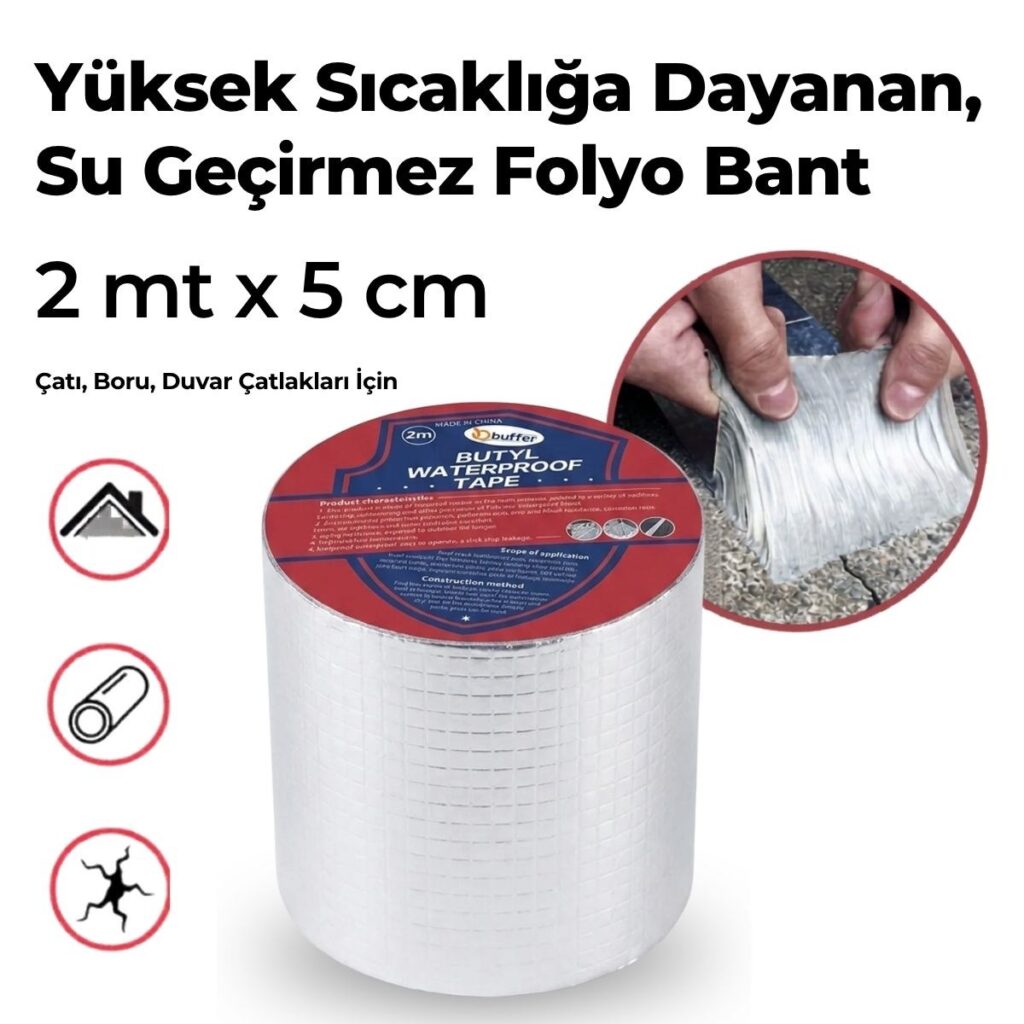 BUFFER® 2 Mt Yüksek Sıcaklık Dayanan Su Geçirmez Çatı  Duvar Çatlak Onarıcı Yapışkan Bant Folyo 2 Mt 10 C