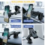 BUFFER® 360 Derece Dönen Torpido Üstü Uzunluk Ayarlamalı Vantuzlu Teleskopik Araç Telefon Tutucu - Görsel 8