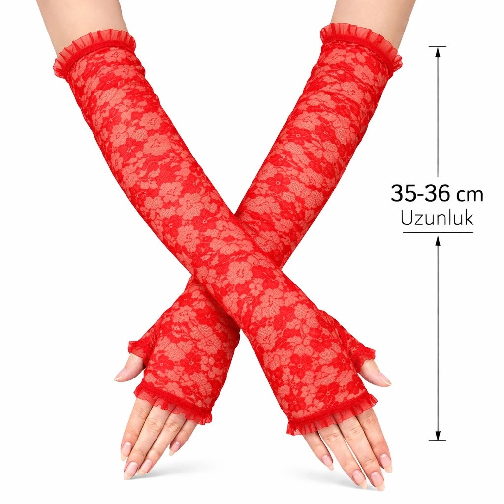 Mey İthalat® Uzun Zarif Dantel Eldiven Parmaksız Kırmızı 35 cm