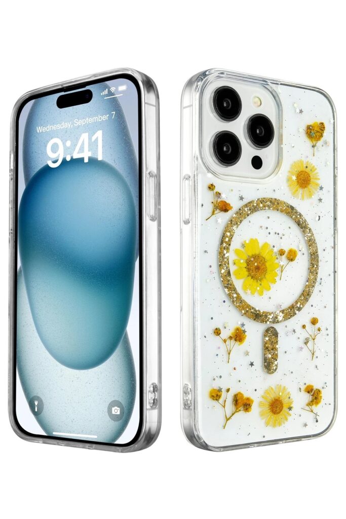 Mey İthalat®  iPhone 15 Pro Kılıf Daisy Simli Magsafe Kapak - Gold