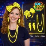 Mey İthalat® 80’ler 90’lar Neon Sarı Parti Seti – Kolye Küpe Taç