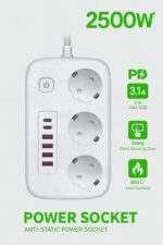 2500W Çoklu Priz 2 METRE – 3’lü AC Priz +5 USB Çıkışı AKIM KORUMALI Alev Almayan Gövde, - Görsel 4