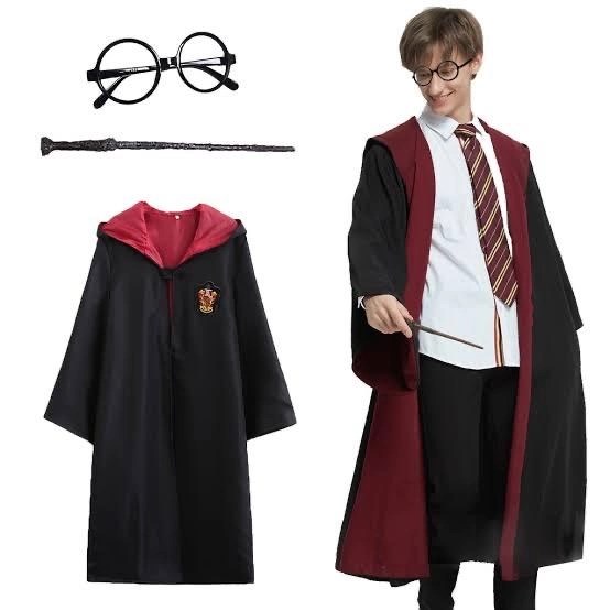 Mey İthalat® Harry Potter Gryffindor Kapişonlu Çocuk Kostüm + Asa + Gözlük Seti 7-8 Yaş