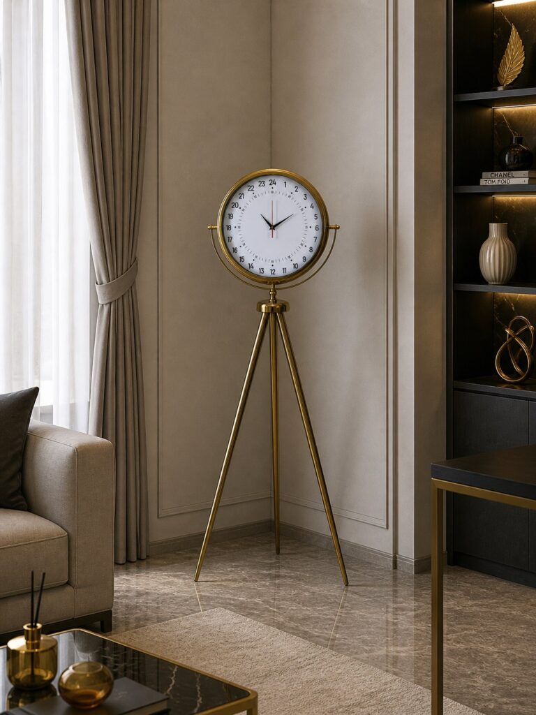 24 Saat Göstergeli Özel Tasarım Gold Tripod Ayaklı Duvar Saati
