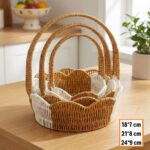 BUFFER® İç İçe Geçebilen 3’lü Çift Renkli Yuvarlak Dalgalı Formlu Saplı Plastik Rattan Sepet Seti – Hasır Görünümlü Çok Amaçlı Organizerler - Görsel 5