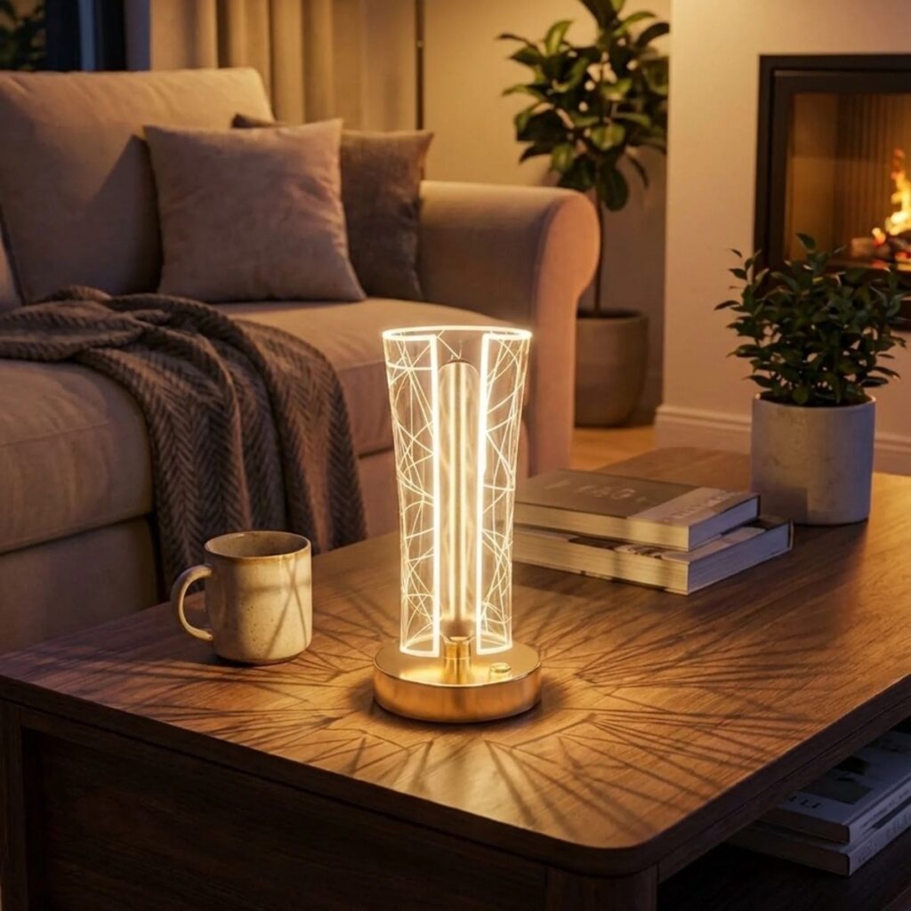 BUFFER® İki Yandan Kavisli Silindirik Geometrik Çizgi Model Kristal LED Masa Lambası – Dokunmatik