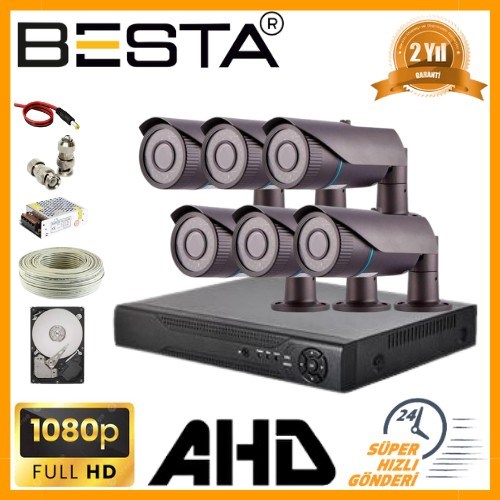 2 MP 1080P 6 Kameralı Harddisk Dahil AHD Güvenlik Seti