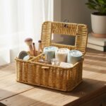 BUFFER® Bölmeli Kapaklı Doğal Rattan Görünümlü Hasır Makyaj, Takı ve Havlu Düzenleyici – Peçetelikli Çok Amaçlı Masaüstü Organizer Sepet - Görsel 4