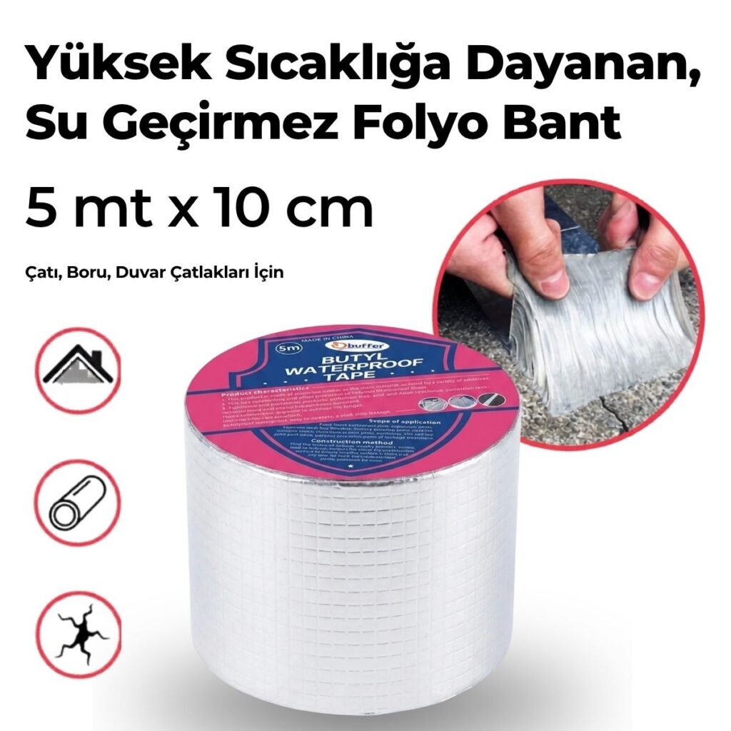 Buffer Yüksek Sıcaklık Dayanan Su Geçirmez Çatı Boru Duvar Çatlak Yapışkan Çamur Bant Folyo 5 mt x 10 cm